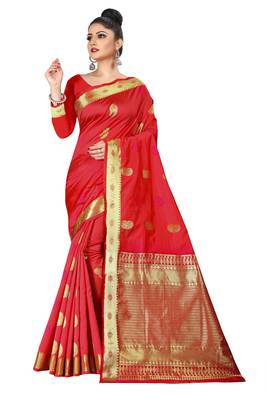 Red woven silk blend saree with blouse 1