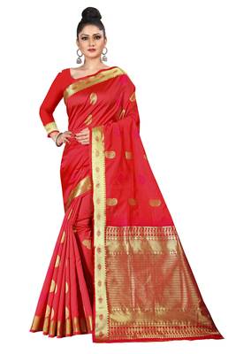 Red woven silk blend saree with blouse 5