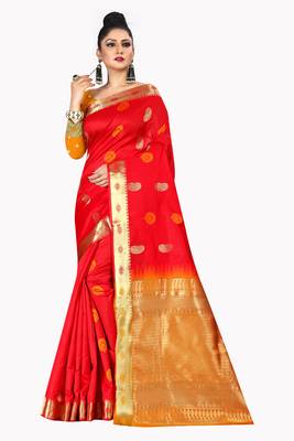 Red woven silk blend saree with blouse 1