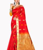 Red woven silk blend saree with blouse