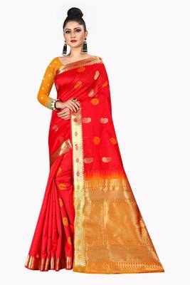 Red woven silk blend saree with blouse 2