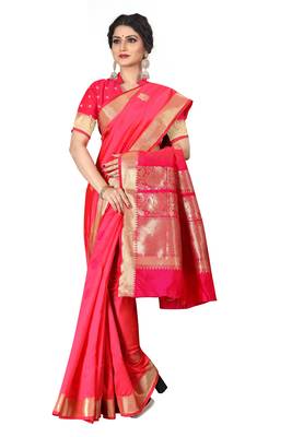 Pink woven silk blend saree with blouse 1