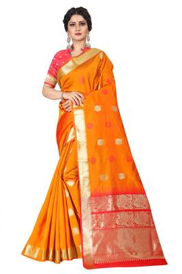 Orange woven silk blend saree with blouse 1