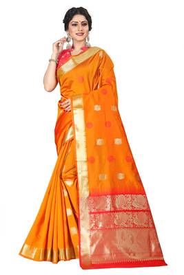 Orange woven silk blend saree with blouse 2