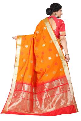 Orange woven silk blend saree with blouse 3