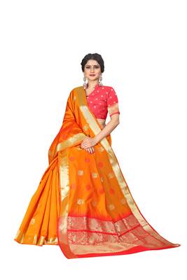 Orange woven silk blend saree with blouse 5