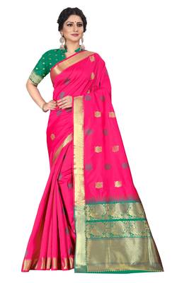 Pink woven silk blend saree with blouse 5