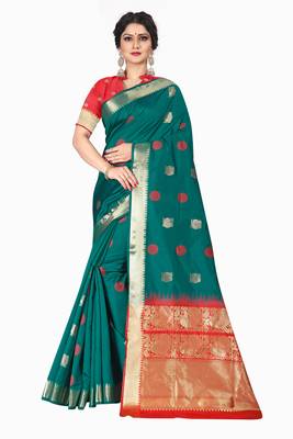 Dark green woven silk blend saree with blouse 1