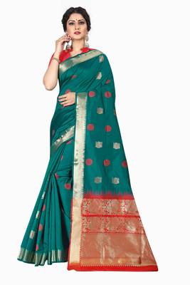 Dark green woven silk blend saree with blouse 2