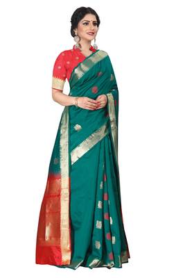 Dark green woven silk blend saree with blouse 3