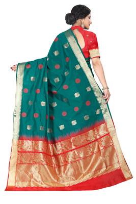 Dark green woven silk blend saree with blouse 4