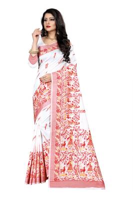 White woven silk blend saree with blouse 1