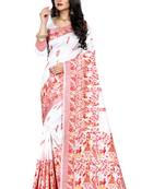 White woven silk blend saree with blouse