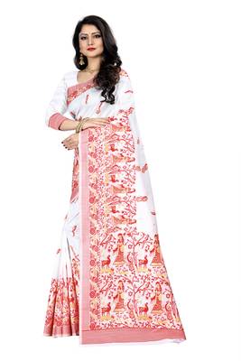 White woven silk blend saree with blouse 2