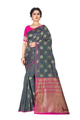 Grey woven silk blend saree with blouse 1