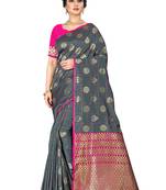 Grey woven silk blend saree with blouse