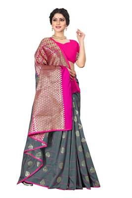 Grey woven silk blend saree with blouse 5