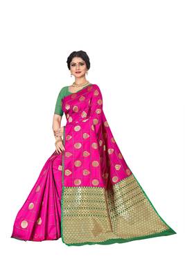 Pink woven silk blend saree with blouse 5