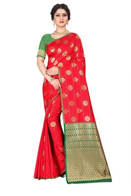 Red woven silk blend saree with blouse 1