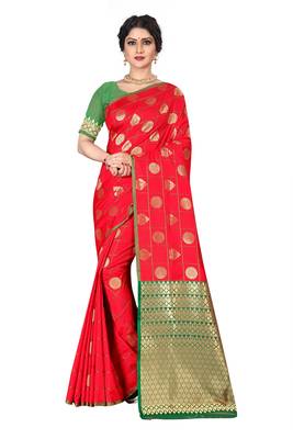 Red woven silk blend saree with blouse 2