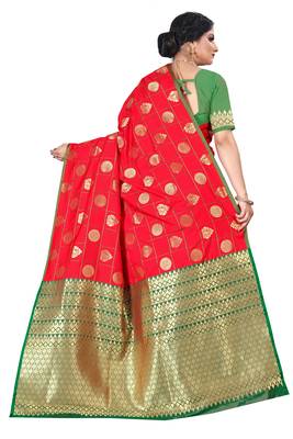 Red woven silk blend saree with blouse 3