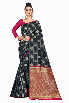 Black woven silk blend saree with blouse 1