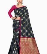 Black woven silk blend saree with blouse