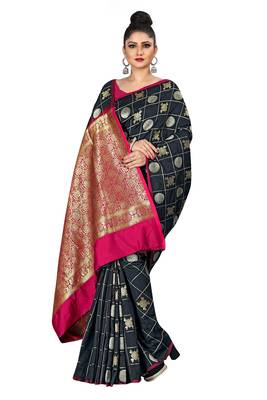 Black woven silk blend saree with blouse 4