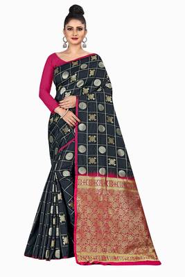 Black woven silk blend saree with blouse 5