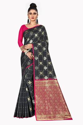 Black woven silk blend saree with blouse 5