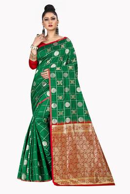 Green woven silk blend saree with blouse 1
