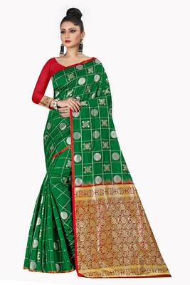Green woven silk blend saree with blouse 2