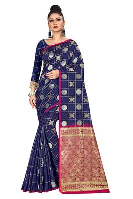 Dark blue woven silk blend saree with blouse 1