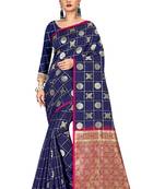 Dark blue woven silk blend saree with blouse