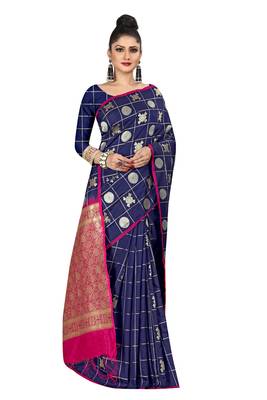Dark blue woven silk blend saree with blouse 2