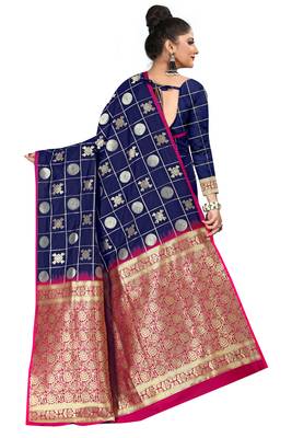 Dark blue woven silk blend saree with blouse 4