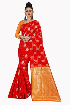Red woven silk blend saree with blouse 1