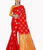 Red woven silk blend saree with blouse