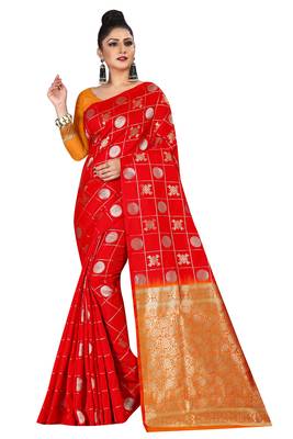 Red woven silk blend saree with blouse 2