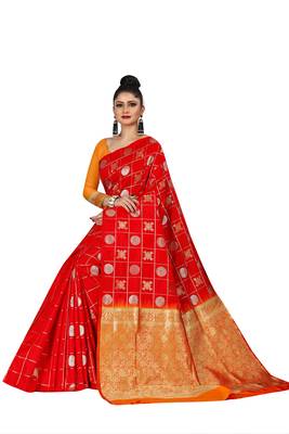 Red woven silk blend saree with blouse 5