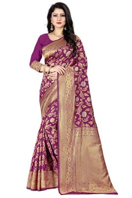 Purple woven silk blend saree with blouse 1