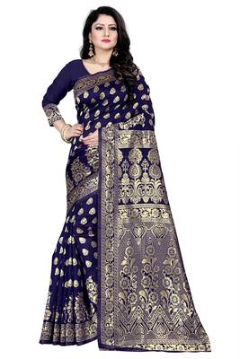 Dark blue woven silk blend saree with blouse 1