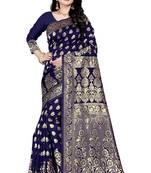 Dark blue woven silk blend saree with blouse