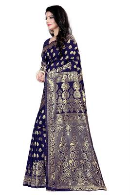 Dark blue woven silk blend saree with blouse 2
