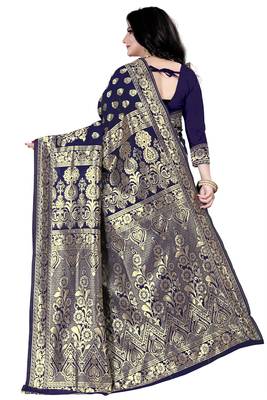 Dark blue woven silk blend saree with blouse 3