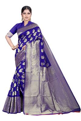 Blue woven silk blend saree with blouse 1