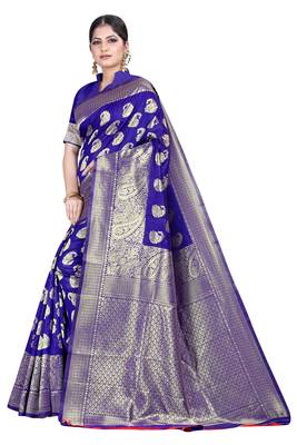 Blue woven silk blend saree with blouse 2