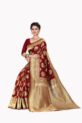 Maroon woven silk blend saree with blouse 1