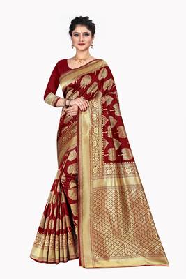 Maroon woven silk blend saree with blouse 2