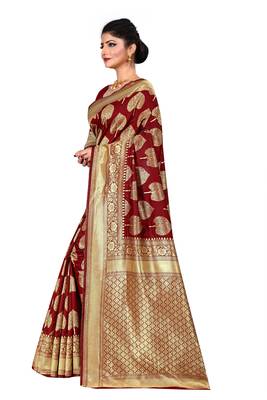 Maroon woven silk blend saree with blouse 3